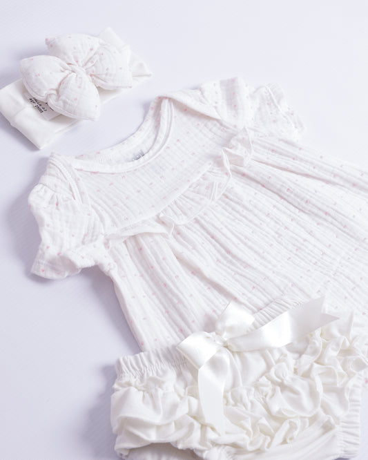 VESTIDO AMALIA BLANCO PUNTOS ROSADOS