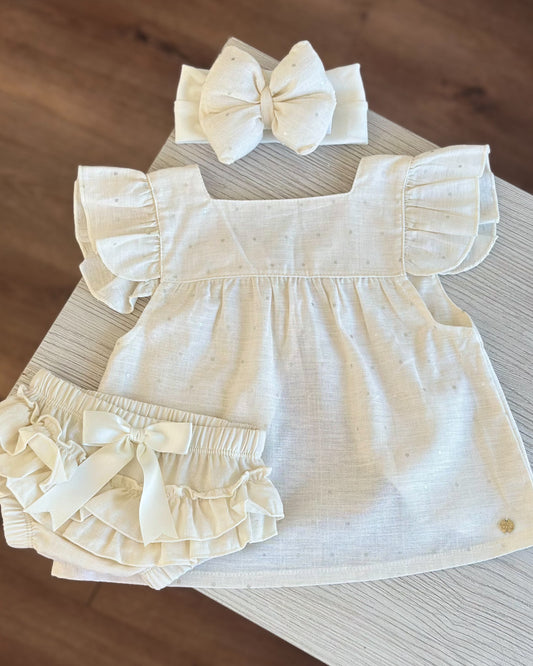 VESTIDO SARAI BEIGE PUNTOS PLATEADOS