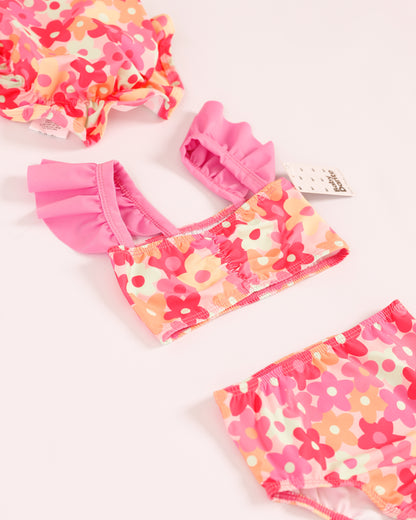 VESTIDO DE BAÑO CON PAVA FLORES ROSADO