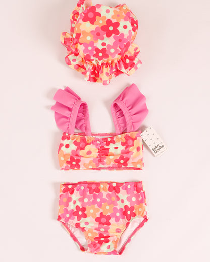 VESTIDO DE BAÑO CON PAVA FLORES ROSADO