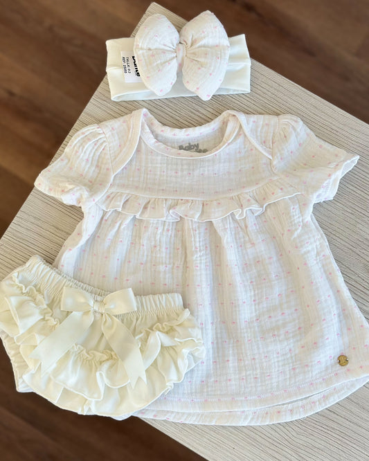 VESTIDO AMALIA BLANCO PUNTOS ROSADOS