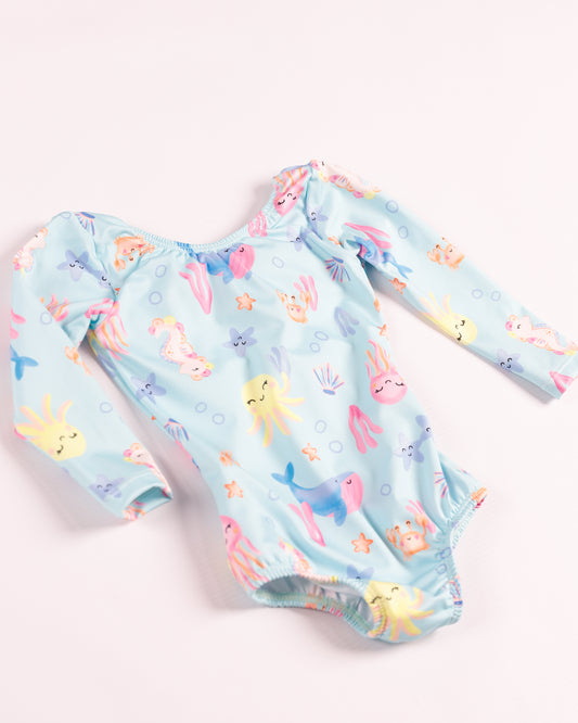 VESTIDO DE BAÑO AZUL BALLENAS